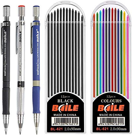 CYH Kit de Porte-mine 2 mm, 3 Pièces Mécanique Mechanical Pencil Bleu, Noir et Argent, 24 pcs Mines de Couleur et Noir, pour Projet De Dessin l'Écriture La Fabrication Le Dessin Artistique