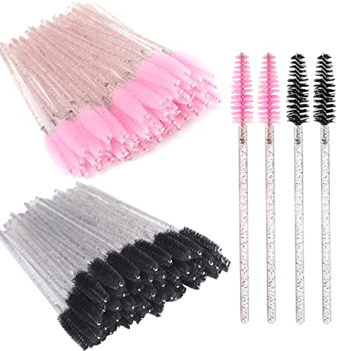 Lot de 100 Brosses à Cils Jetables, Goupillon Cils Pinceau Cils avec Poignée en Cristal, Applicateur Cils Brosse pour Maquillage Extension Cils Sourcils (Rose, Noir)