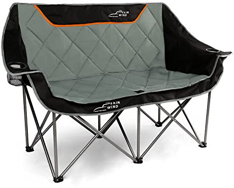 FAIR WIND Oversized Fully Padded Camping Chair Folding Loveseat Camping Couch Double Duo Chair Heavy Duty Quad Fold Arm Chair with Cup Hold - Supports 650 LBS Black