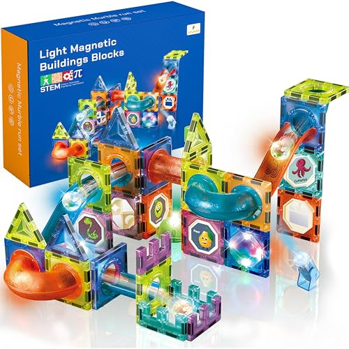 CELMAN Magnetspiel 75 Teile - Magnetbausteine Kinder mit Kugelbahn & LED Licht - Magnetische Murmelbahn STEM Lernspielzeug ab 3 4 5 6 7 8 Jahre - Magnetic Tiles Bauklötze Geschenk