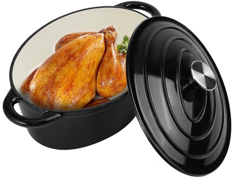 Kerilyn Olla holandesa ovalada esmaltada de 4.5 cuartos con tapa y asas dobles, horno holandés de hierro fundido para cocinar, hornear pan, utensilios de cocina con revestimiento esmaltado