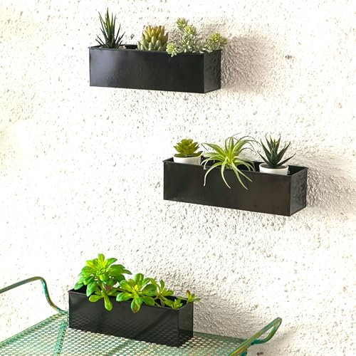 LaLaGreen - Maceta de Pared para Plantas de Interior, Paquete de 3, macetas Grandes de 14 Pulgadas para suculentas, Color Negro, Maceta Rectangular de Metal para Colgar, Caja de Plantas para alféizar