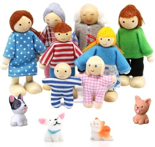 Ruikdly Puppenfamilie Holzpuppe Set, 12 Stück Puppenhaus Figuren mit Katze und Hund, Biegepuppen für Puppenhaus Zubehör Geschenk