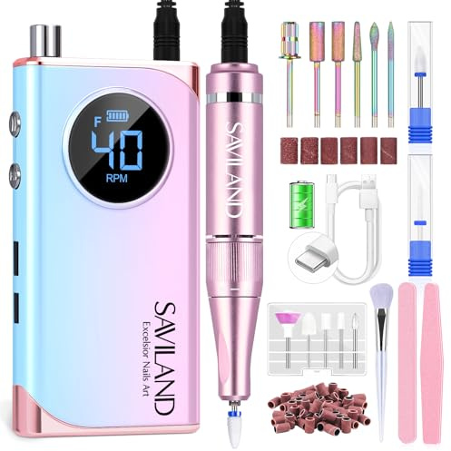 Saviland Elektrische Nagelfräser für Gelnägel 40000 U/min, 12 in 1 Professionell Maniküre Pediküre Set, 4000mAh USB Aufladbare Tragbare Elektrische Nagelfeile mit Nagelbits Home Salon, Gradient Color