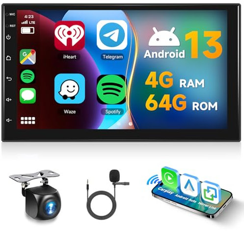 Hodozzy [4GB+64GB] Android 2 Din Autoradio mit Wireless Carplay & Android Auto, 7 Zoll Touchscreen Bildschirm Doppel Din Autoradio GPS Navi WiFi Bluetooth FM/RDS Radio DSP USB/SWC+AHD Rückfahrkamera