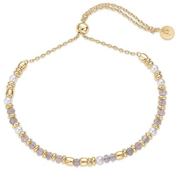 FDEETY Edelstein Perlen Armband für Frauen Goldene Perlen Armbänder Echtes Naturstein Armband Stapelarmbänder Verstellbare Armkette Eleganter Alltagsschmuck Als(Weiß)