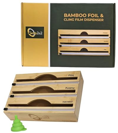 3-in-1 Bamboo Dispenser for 12inch/30cm Cling Film, Aluminium Foil & Baking Paper | Kitchen Wrap Dispenser with Built-in Cutter | Cling Film Dispenser and Cutter for Home Organisation