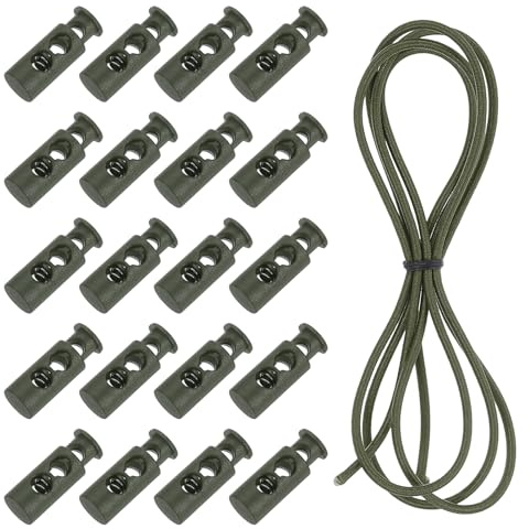 QUARKZMAN 20 Pcs Cierres De Cordón De Doble Orificio Con Cordón Elástico De 39 Pulgadas, Clip De Tope De Resorte De Plástico Con Cuerda Elástica Para, Cuerdas De Ajuste, Verde Militar
