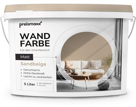 Preismaxx Profiweiß Wandfarbe Beige 5L, hohe Deckkraft, Dispersionsfarbe innen, Innenfarbe Sandbeige deckend, Deckkraftklasse 2, matt Innenfarbe Profi Qualität