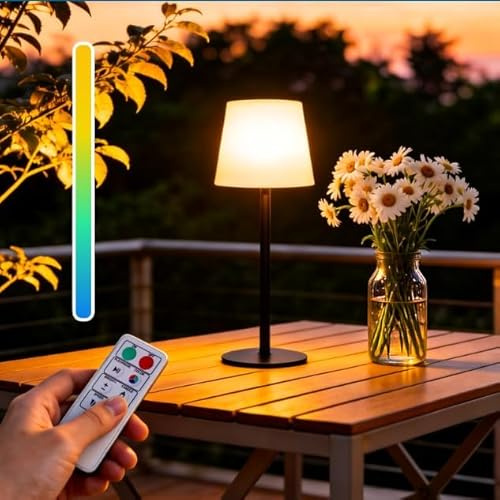 Lampada da Tavolo per Esterni a Energia Solare, Ricaricabile Tramite USB, Luce Bianca Calda Dimmerabile e Luce RGB, con Sensore di Luce e Telecomando, Adatta a Giardini, Patii, Ristoranti, Campeggi