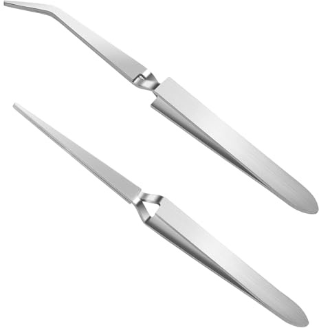 2 Pezzi Pinzette Inverse in Acciaio Inossidabile, Strumenti con Punte per Fai da Te, Creazione Gioielli, Laboratori Elettronici, Punta Dritta e Curva, Argento