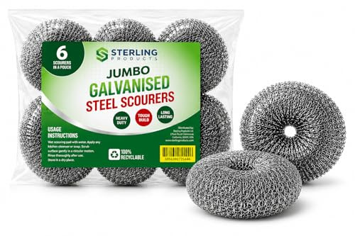 Sterling Products Galvanised Steel Scourers 6 Pack – Heavy Duty Wire Scouring Pads for Pots, Pans, Grills, Ovens & Tough Kitchen Cleaning