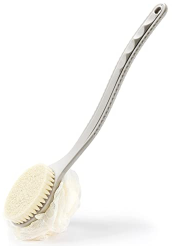 Shower Body Brush with Bristles and Loofah,Back Scrubber Bath Mesh Sponge with Curved Long Handle for Skin Exfoliating Bath, Massage Bristles Suitable for Wet or Dry, Men and Women (Grey)