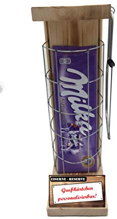 Personalisierte Geschenke für Männer Frauen Geschenkidee - Eiserne Reserve Gitter Text rot Milka Schokolade (1 x 280 g) incl. Notsäge - Papa Mama Geburtstag Hochzeit