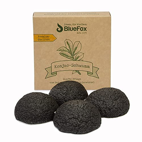 BlueFox Lot de 4 éponges Konjac au charbon actif de bambou, nettoyage du visage pour peaux impures et mixtes, soin du visage
