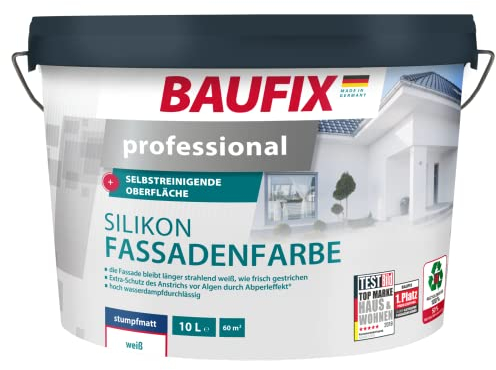 Baufix Peinture Silicone pour façade blanc, mate, 10 litres, Peinture mur extérieur, Autonettoyante, avec effet lotus, durablement blanche, avec protection anti-algues