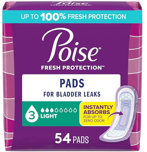 Poise Incontinence & Postpartum Pads for Bladder Leaks, 3 Drop Light Absorbency, Regular Length, 54 Count, Packaging May Vary