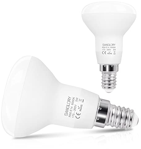 SanGlory Bombillas LED E14 Luz Fría, 5W Equivalente a 40W, 510 Lúmenes, R50 Bombilla LED E14 6000K, Ángulo 120°, Bombilla LED Blanco Frío, No Regulable - 2 Unidades