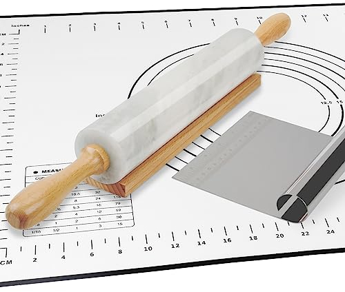 Koville African Natural Marble Rolling Pin, Non-Stick Polished Dough Roller, Pasta, Dumpling, Fondant, Pie Crust, Bread, Pizza Dough, Kitchen Baking Pastry Tools with Mat/Scraper（Namib Fantasy）