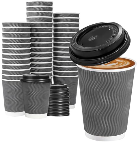 Lamosi 50 Pack 12 oz Insulated Disposable Coffee Cups with Lids, To Go Paper Coffee Cups with Lids, Corrugated Ripple Wall Cup for Hot Drink Office Coffee Bar