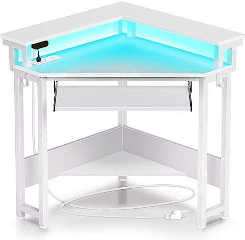 Rolanstar Corner Desk, 44.5 W x 34.5 H Small Computer Desk with Power Outlets, Gaming Desks with LED Lights, Triangle Corner Table with Keyboard Tray & Monitor Stand for Small Space, White