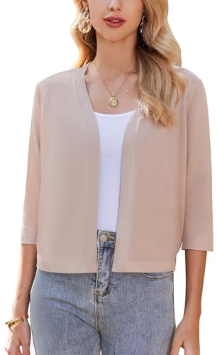 Zeagoo Boléro Court Ouvert sur Le Devant pour Femme Veste Festive Manches 3/4 DéContracté Couleur Champagne S