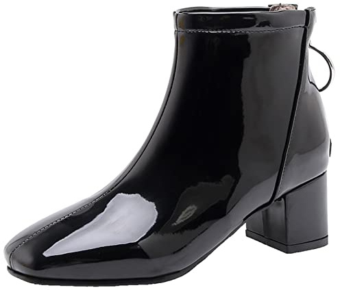 Gicoiz Mujer Invierno Warm Charol Botas Chelsea Punta Quadrada Comodo Tacón Ancho Botas Fiesta Bridal Moda Botas Cortas Zip Piel Zapatos Negro Talla 50 EU-52Cn