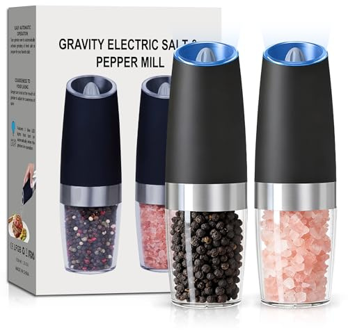 UNNEES Battery Operated Gravity Electric Salt and Pepper Grinder Set, Automatic Salt and Pepper Grinder Set, Adjustable Roughness,12 Batteries Required, LED Light, 2 Pack, (Black)