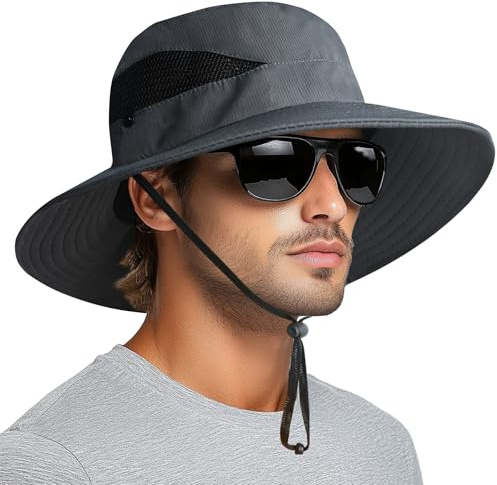 PFFY Sun Bucket Hats for Men Women 3” Wide Brim UPF 50+ Fishing & Beach Hat Darkgrey