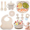 Dazhtu 10 Pièces Coffret Repas Bebe Silicone, Assiette bebe Set Vaisselle Assiette ventouse pour bébé, Bavoir Silicone Bebe, fourchettes, Enfant Set Couverts Vaisselle Pour Sevrage Manger (Beige)