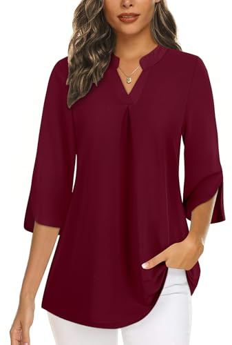 Flikity Blouses for Women UK Plus Size Women's Blouses & Shirts Business Attire Work Office Clothes V Neck Ladies Tops Formal Wear Spring Fall Loose Tunics Tops Shirts Wine Red XX-Large