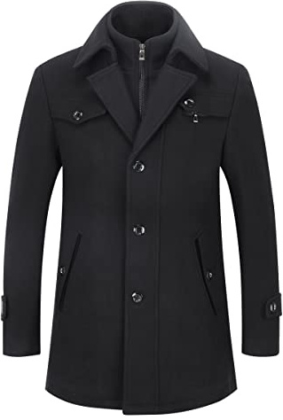 YOUTHUP Mens Wool Trench Coat Winter Thick Peacoat Business Military Coat with Removable Inner Collar, Black, XL