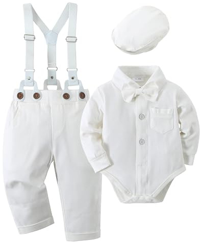 Amissz Tenue Bébé Garçon pour Bébés Costume Bapteme, Vêtement Mariage Bebe Chemise + Bretelle + Chapeau Gentleman Ensemble Blanc 0-3 Mois