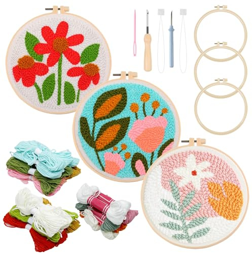 Allazone 3 stycken punch nål för nybörjare broderiset, punch needle broderi startkit med blommönster, gör-det-själv stansnålsats med broderiram, stansnål, garn, trådhjälpmedel