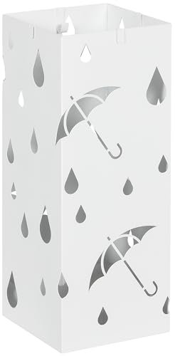 HOMCOM Portaombrelli in Metallo con 4 Ganci, Porta Ombrelli di Design con Vaschetta Scolapioggia e Decorazioni, 15.5x15.5x41cm, Bianco