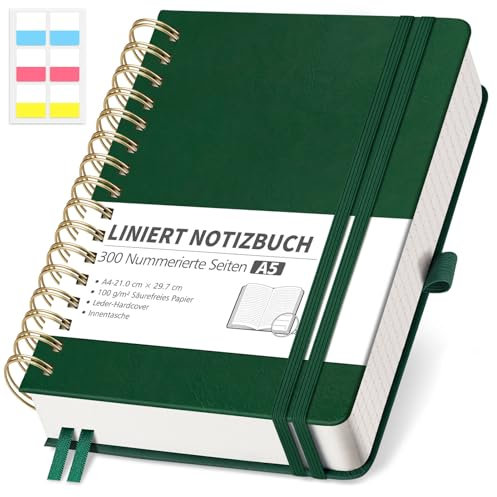 RETTACY Notizbuch A5 Liniert, Bullet Journal mit 100 g/m² Dickem Papier, 150 Blatt/300 Nummerierten Seiten, Collegeblock für Büro und Schule, Lederhülle, Dunkelgrün, 14.8 cm x 21 cm
