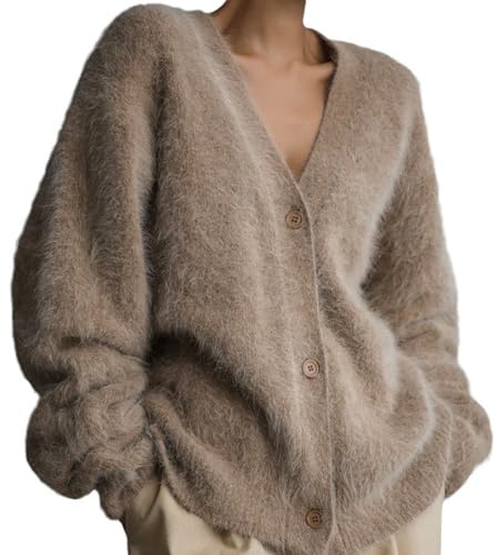 MAOAEAD Cardigan luxueux en cachemire pour femme, couleur unie, pull en tricot moelleux, col en V, ouvert sur le devant, veste douce élégante