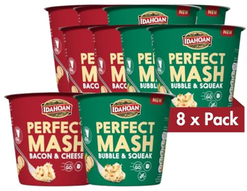 Idahoan Instant Mash Potato Pots Bundle Pack of 8 x 55g - Bubble and Squeek Bacon and Cheese Potato Pots Ready to Eat Mashed Potato
