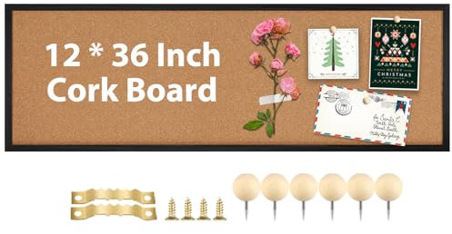 TORASO Cork Board Bulletin Board, Corkboard for Walls with Black Frame, Large Wall Mounted Cork Board with Installation Kit,11.8 x 35.4 Pin Tackboard for Home,Office, School (RMB-BK-3090)