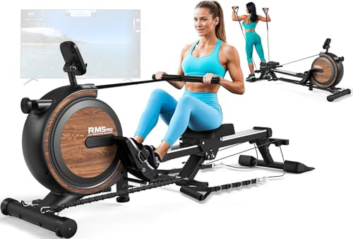 ORISYN Roddmaskin för hemmet med magnetiskt motstånd, roddutrustning med Bluetooth-boarddator, justerbar surfplattehållare, 160 kg viktbelastning (svart trä med stretch)