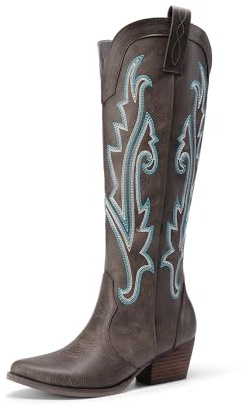DREAM PAIRS Womens Cowboy Knee High Boots Comfortable Pull On Side Zipper Chunky Heel Embroidered Western Cowgirl Boots Retro Tall Boot for Theme Party Country Concert