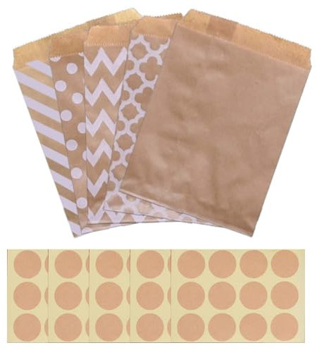 50 Stück Papiertüten Braun, 13x18cm Mini Geschenktüten, Papiertüten Braun, Braun Tüten Papier mit 60 Aufkleber für Adventskalender Weihnachten Geburtstag Hochzeit (5 Stile)