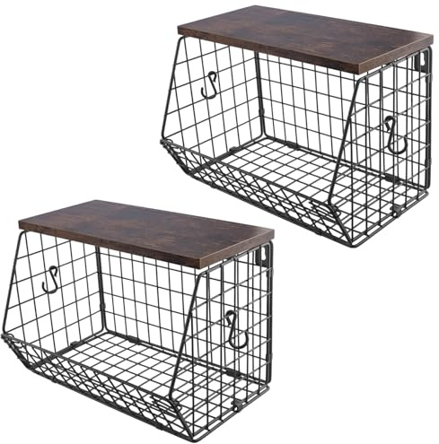 CHUENKUK 2 cestas de frutas colgantes, 30 x 15,5 x 21,6 cm, frutero colgante de metal, color negro, apilable, cesta de fruta, soporte de pared para cocina