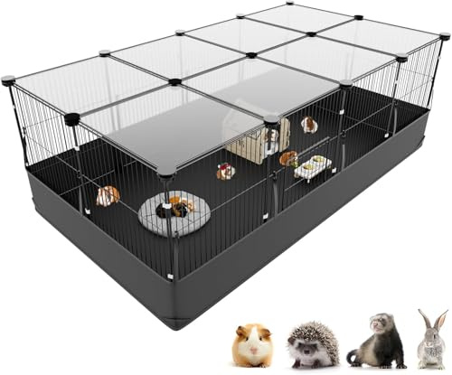 Aystkniet Rabbit Run, Hamster Playpen with Waterproof Bottom Liner, Small Animal Cage for Guinea Pig, Turtle, Hedgehog,Kitten Gerbil, Pet Fence for Indoor and Outdoor (Black with Cover)