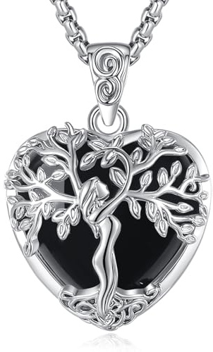 EUDORA Harmony Ball Corazón Collar Árbol de la vida con Obsidian para Mujer, Colgante de Cristal Curativo Obsidian Árbol de la Diosa Joyería Original Regalo para Mujer Madre Mama, 20+2
