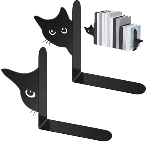 Sujetalibros de metal, 2 unidades, sujetalibros de gato de 15 × 4 × 18 cm, sujetalibros negros de metal para la escuela, la oficina y el hogar (cabeza de gato ancho 8,3 cm)