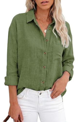 Zidoley Blusa de lino para mujer, blusa casual de gasa de algodón y lino, camisa larga de manga larga, verde militar, M