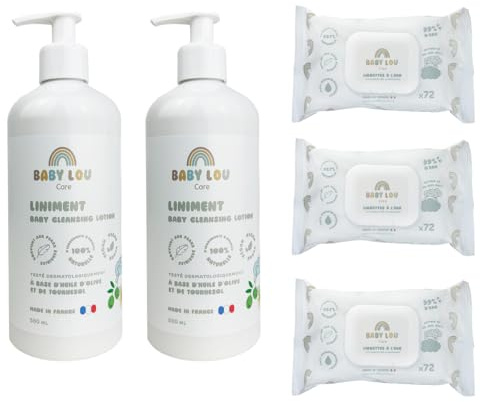BABYLOU CARE | Liniment 2x500ml + 3 sachets de 72 lingettes à l'eau bébé | Nettoie en douceur & apaise la peau | Adaptés aux peaux sensibles | Testés dermatologiquement | Made in France