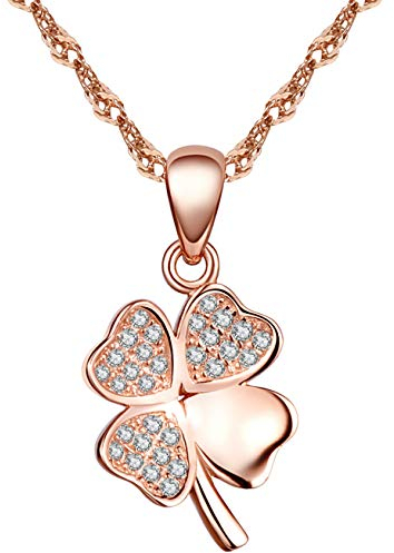 Yumilok 925 Sterling Silber Zirkonia Roségold/Silbe Vierblättriges Kleeblatt Anhänger Halskette Kette mit Anhänger für Damen Mädchen