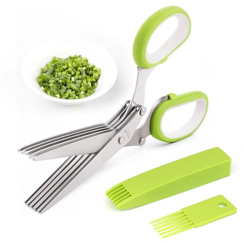 Forbici per erbe, forbici da cucina con 5 lame e copertura, multiuso per tagliare erbe, forbici da cucina lavabili in lavastoviglie, forbici da cucina per tagliare verdure, verde